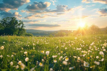 Wall Mural - A field of flowers with a bright sun shining on it