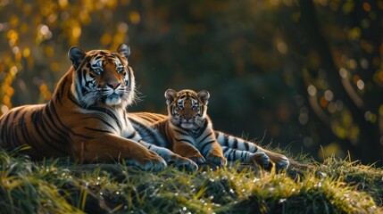 Wall Mural - A mother tiger and her cub are laying on the grass