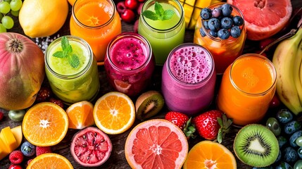Poster - A variety of colorful fruit smoothies and juices are displayed alongside fresh fruit, creating a vibrant and healthy scene. Generative AI