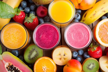 Poster - Four colorful smoothies made with fresh fruits on a wooden table with sliced fruits and berries. Generative AI