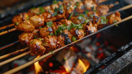 Sticker - A skewer of meat is being cooked over a fire. The meat is marinated and has a lot of seasoning on it