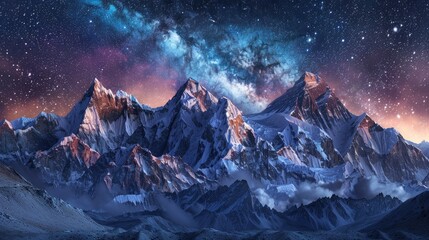 Wall Mural - A beautiful mountain range with a sky full of stars and a milky way. The mountains are covered in snow and the sky is dark