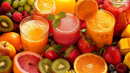 Poster - A vibrant still life featuring freshly squeezed orange juice, a strawberry smoothie, and a variety of ripe fruits, including oranges, kiwi, strawberries, and raspberries. Generative AI