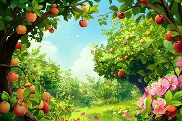 Poster - A digital illustration of a lush orchard with ripe fruit on the trees and pink flowers blooming on the ground, set against a bright blue sky with white clouds. Generative AI