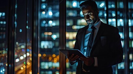 Wall Mural - A man in a suit is looking at a tablet while standing in front of a city skyline. Concept of modernity and technology, as the man is using a tablet to access information or communicate