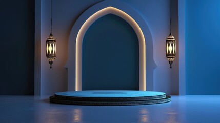 Wall Mural - Elegant Islamic background with podium, lanterns, and arch for product placement. Ramadan, Eid Mubarak, or Islamic celebration display platform.