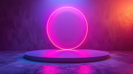 Neon Circle on Stage. Vibrant, Empty Platform for Products, Performances, or Digital Art