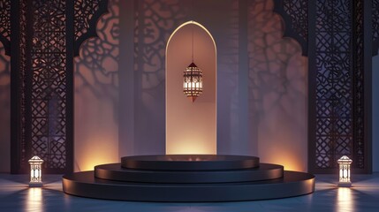 Wall Mural - Islamic background with podium, arch and lantern for product display. Ramadan kareem or islamic celebration concept. 3d rendering illustration.