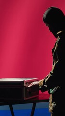 Poster - Vertical video North Korean air defense operator uses radar detecting missile attacks, conducting space surveillance and satellite tracking. Pyongyang regime agent uses military software preventing