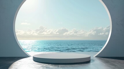 Wall Mural - Minimalist podium for product display with ocean view through circular window. Concept of luxury, travel, and summer.