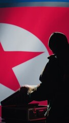 Poster - Vertical video North Korean air defense operator uses radar detecting missile attacks, conducting space surveillance and satellite tracking. Pyongyang regime agent uses military software preventing
