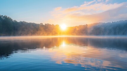 Wall Mural - a beautiful lake with a sun reflecting on the water. the sky is clear and the sun is setting