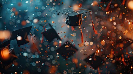 Wall Mural - Graduation cap tossed in the air with confetti