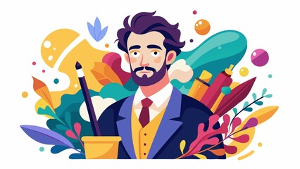 Wall Mural - Elegant portrait of painter at work, surrounded by colors and brushes on white background, creative, canvas, brush, artistic