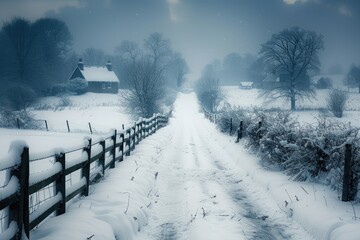 Wall Mural - A snowy road with a fence and a house in the background. The snow is piled up on the ground and the sky is cloudy