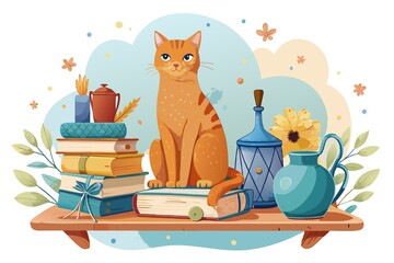 Wall Mural - delicate watercolor illustration of cat sitting on shelf surrounded by various treasures, set against clean white background., watercolor, collection, background