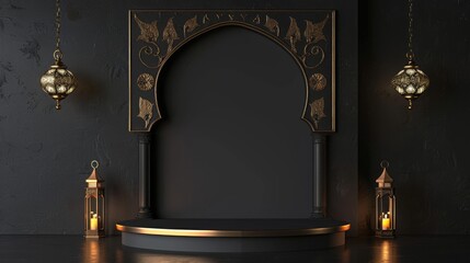 Wall Mural - Elegant black and gold Islamic arch podium with arabic lanterns for product placement or brand presentation. Ramadan Kareem, Eid Mubarak celebration concept with copy space.