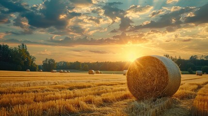 Wall Mural - A field of golden wheat with a sunflower in the foreground. The sun is setting, casting a warm glow over the scene