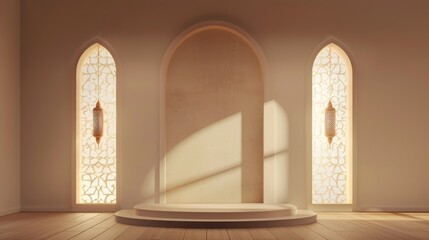 Wall Mural - Minimalist Islamic Podium with Ornate Windows for Product Display. 3D Render Background for Ramadan, Eid, or Islamic Events