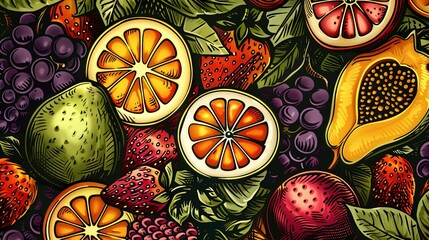 Poster - Bright illustration of oranges, grapefruits, strawberries, and grapes arranged in a delicious display, evoking freshness and abundance. Generative AI