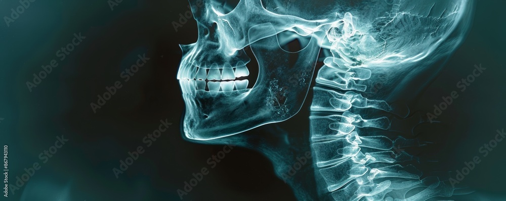 X-ray image of human skull and cervical spine Stock Illustration ...