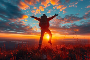 Poster - Silhouette of Hiker Jumping on Mountain Peak During Sunset