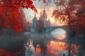 Wall Mural - A castle is reflected in the water of a river. The castle is surrounded by trees and the water is calm