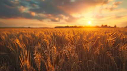 Wall Mural - A field of golden wheat with a bright orange sun in the sky. The sun is setting, casting a warm glow over the field. The scene is peaceful and serene, with the sun's rays illuminating the wheat