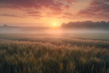 Wall Mural - a field of tall grass with a sun setting in the background. the sky is a mix of pink and orange hues