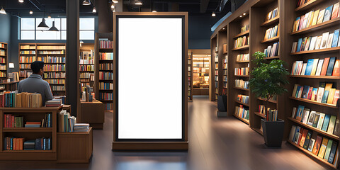  White blank billboard on bookstore, for advertising, mockup presentations, announcements, promotions, and digital marketing. Blank sign poster in bookstore shop banner 

