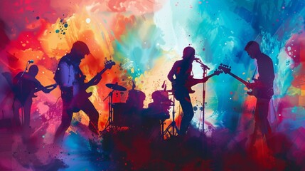 Poster - An abstract watercolor illustration featuring silhouettes of a rock band performing on stage with vibrant colored lights. Generative AI