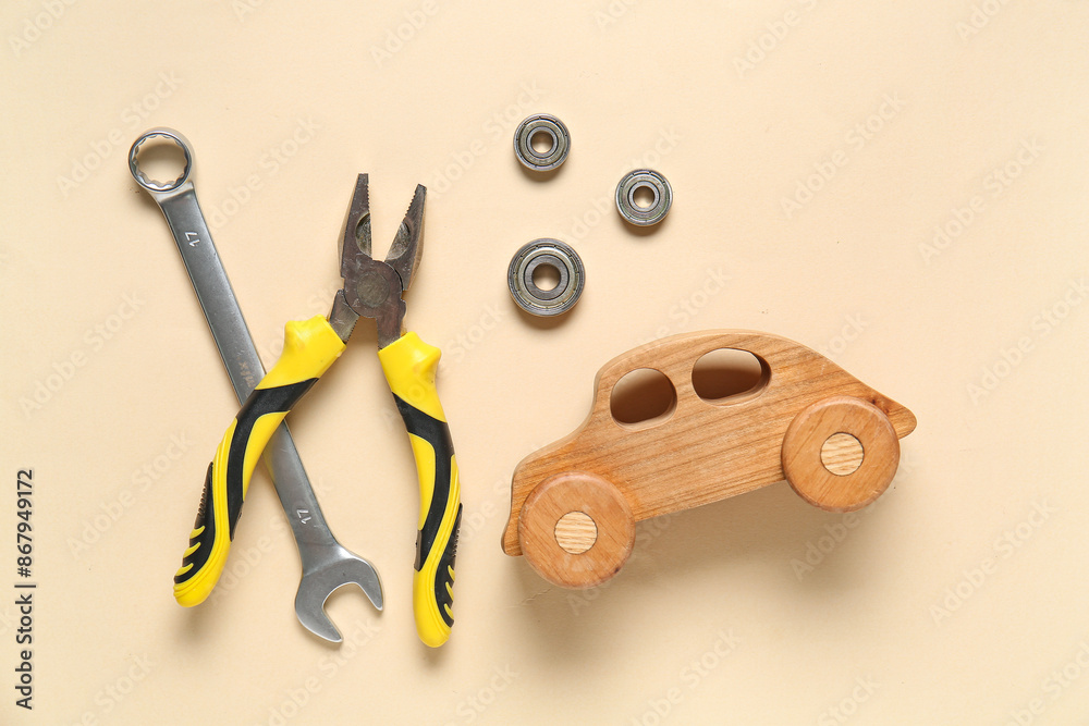 Set of mechanic instruments on beige background. Mechanic concept
