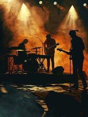 Poster - A silhouette of a band performing on stage, illuminated by spotlights against a smoky backdrop. Generative AI