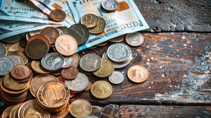 Aufkleber - A close-up view of assorted coins and dollar bills scattered on a wooden table. Generative AI