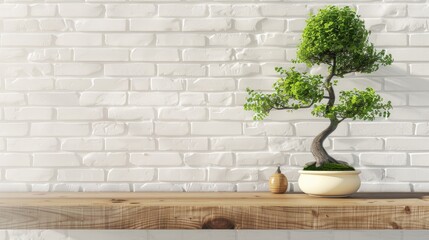 Wall Mural - Wooden table with bonsai tree and ornament by white brick wall