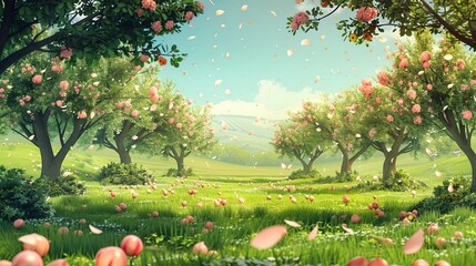 Poster - A picturesque meadow with blossoming trees, scattering delicate petals on the verdant grass. Generative AI