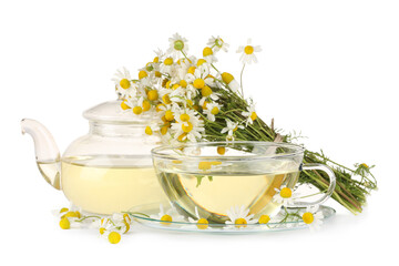 Wall Mural - Aromatic herbal tea with chamomile flowers isolated on white