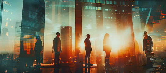 Wall Mural -  Business collaboration in sleek office building with cityscape double exposure, serene daylight, and striking shadows, embodying urban corporate synergy.