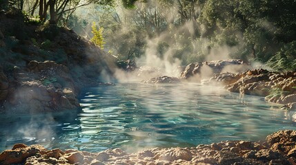 Poster - A serene hot spring pool nestled amidst a verdant forest, with steam rising from the water in the early morning sunlight. Generative AI