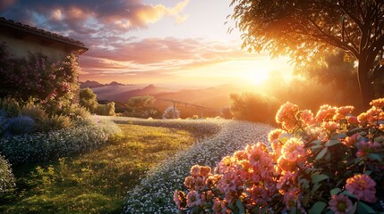 Poster - A picturesque scene of a rustic Italian house surrounded by vibrant flowers bathed in the warm glow of the setting sun. Generative AI