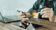 © Kenstocker - Customer review good rating concept, hand pressing user and five star icon on visual screen for positive customer feedback, testimonial and testimony, user comment and feedback for review.