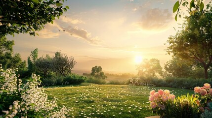 Poster - A serene sunset scene with a vibrant green field, blooming flowers, and a peaceful sky. Generative AI