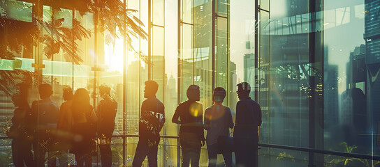 Wall Mural - Business meeting in an elegant office with a cityscape double exposure, soft afternoon light creating a serene ambiance, symbolizing corporate excellence.