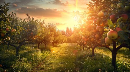Aufkleber - A beautiful image of an apple orchard at sunset, with the sun shining through the trees and highlighting the ripe apples. Generative AI