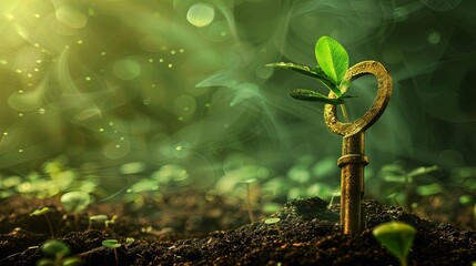 Aufkleber - A golden key is seen growing in the ground as a plant with green leaves. There is a blur of light, other plants, and soil in the background. Generative AI