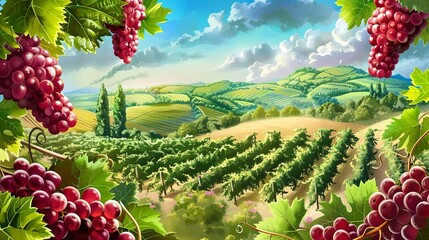 Poster - A scenic image of a vineyard with lush green vines and clusters of ripe grapes. The background shows rolling hills under a blue sky with fluffy white clouds. Generative AI