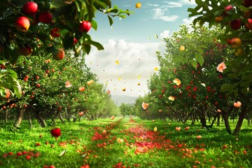 Poster - A picturesque view of an apple orchard with red apples and yellow leaves falling to the ground. Generative AI