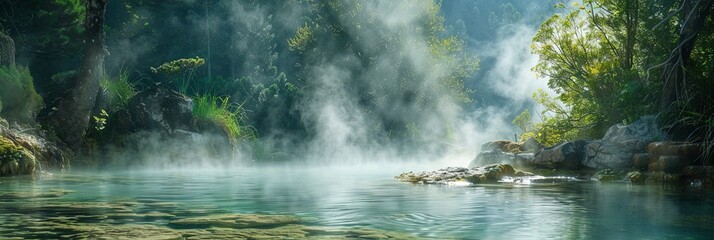 Poster - A serene image of a hot spring pool surrounded by verdant foliage and billowing mist, creating a magical and peaceful atmosphere. Generative AI