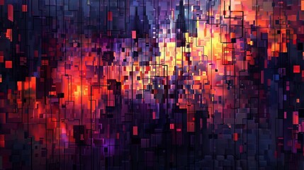 Poster - A vibrant, digital abstract artwork featuring a layered grid of colorful blocks and lines. Generative AI