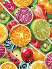 Poster - A close-up image of colorful fruit slices and lollipops arranged together on a green background. Generative AI